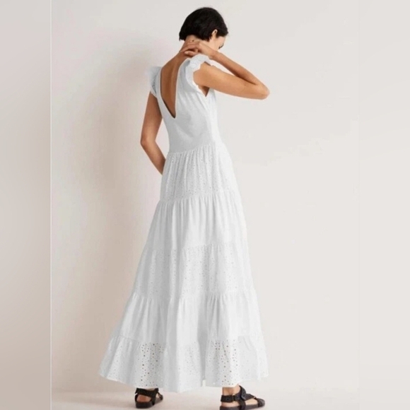 BODEN Broderie Mix Jersey Maxi Dress US 14 White Tiered Frill Sleeve V-Neck - Picture 5 of 14
